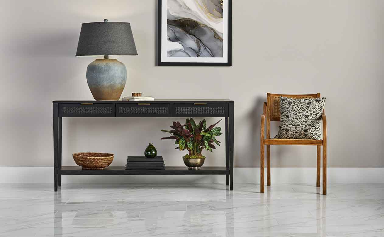 The Colony, TX living room with Woven Drawer Console Table Black and marble look tile flooring