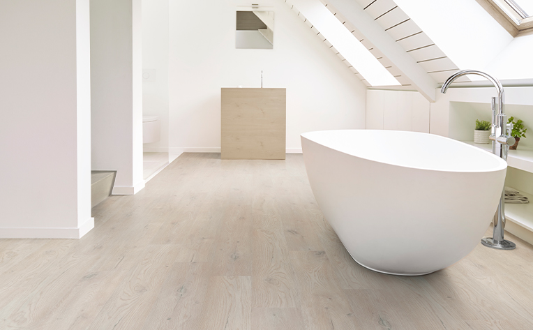 wood look bathroom with light wood look floors